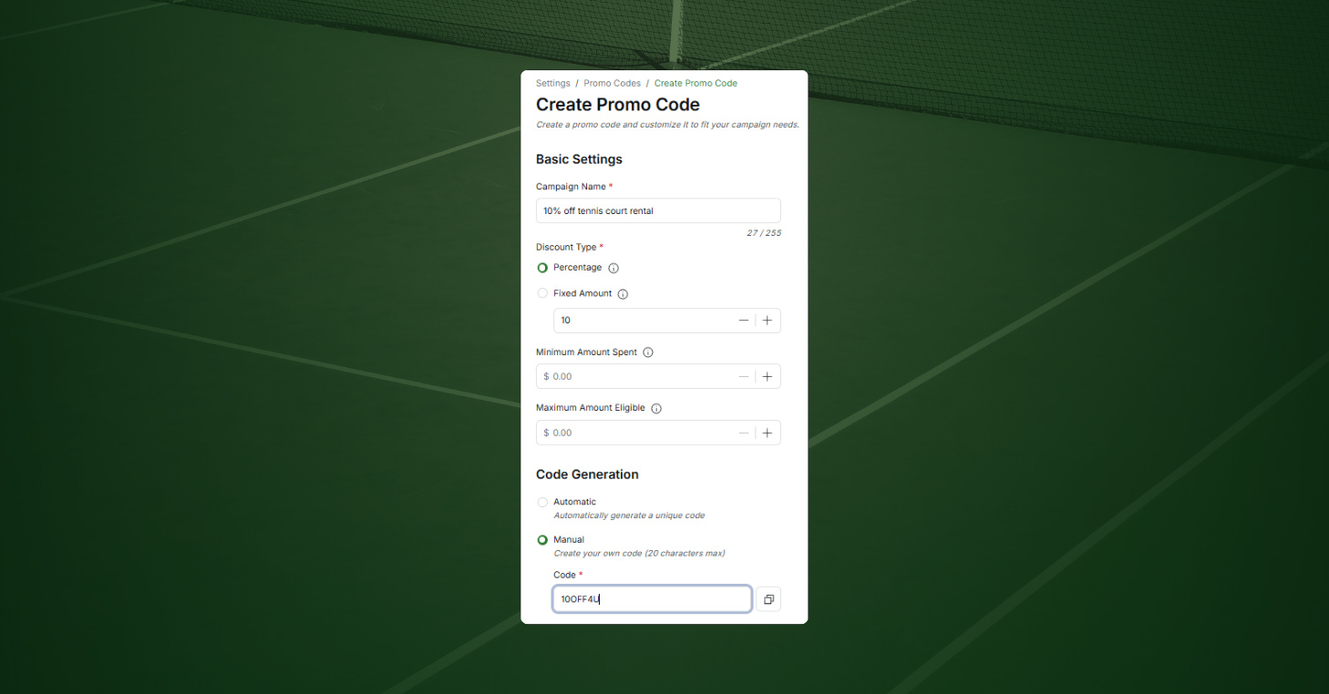 CourtReserve Create Promo Code screen showing percentage discount settings and manual Promo Code creation.