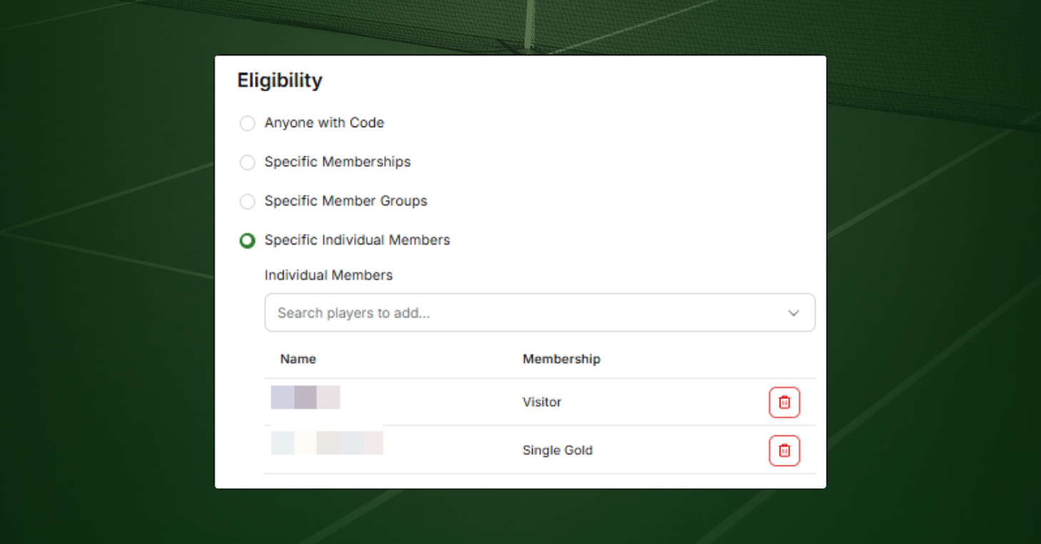 CourtReserve Promo Code eligibility settings with options for anyone with the code, specific memberships, member groups, or individual players.