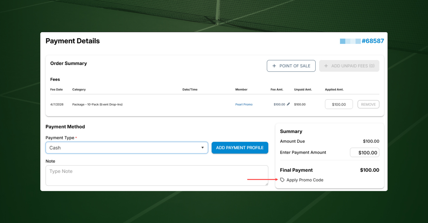 CourtReserve Payment Details screen with the Apply Promo Code option highlighted in the payment summary.