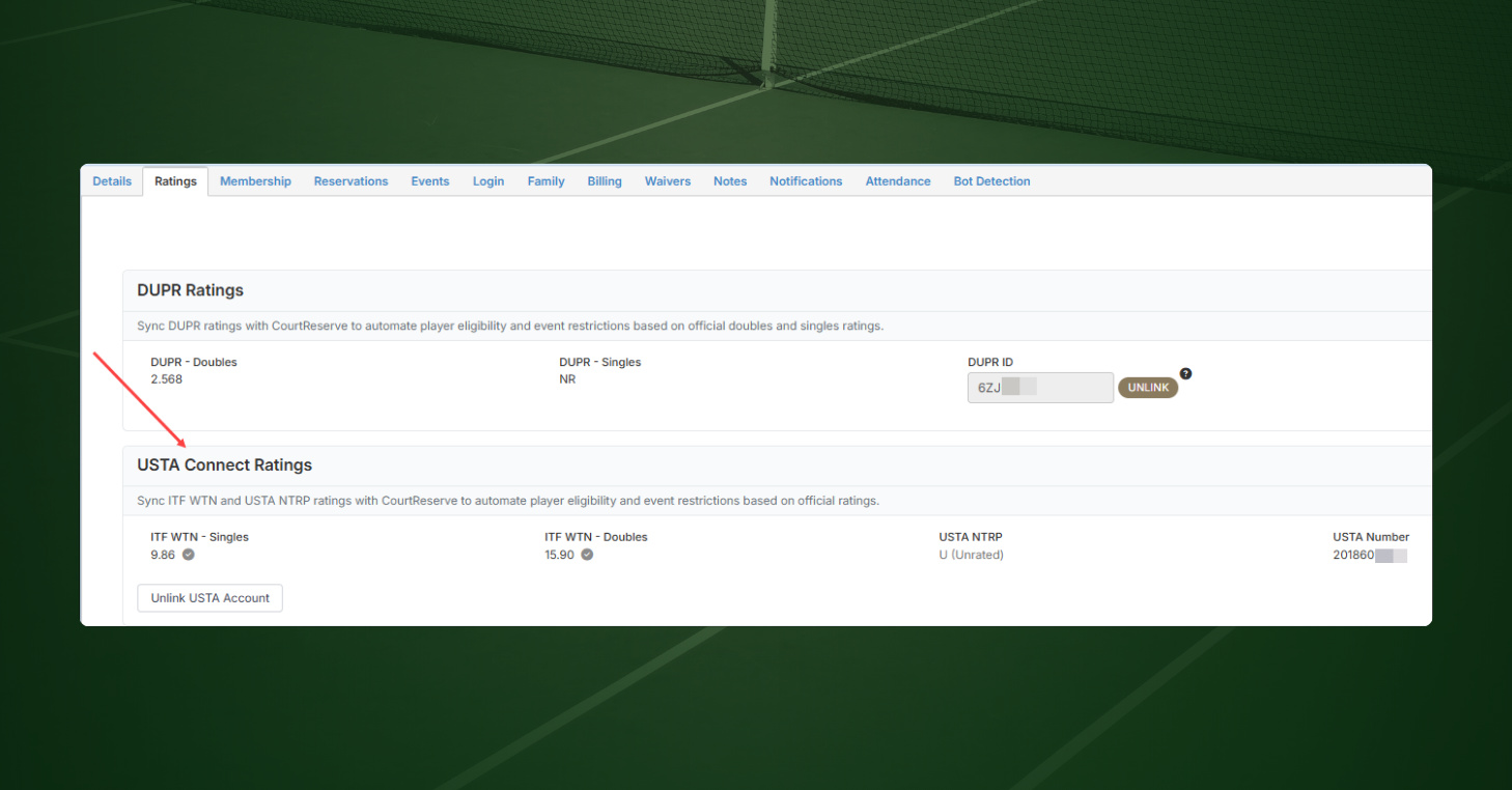 CourtReserve member Ratings tab showing USTA Connect Ratings with WTN singles, WTN doubles, NTRP, and USTA number.