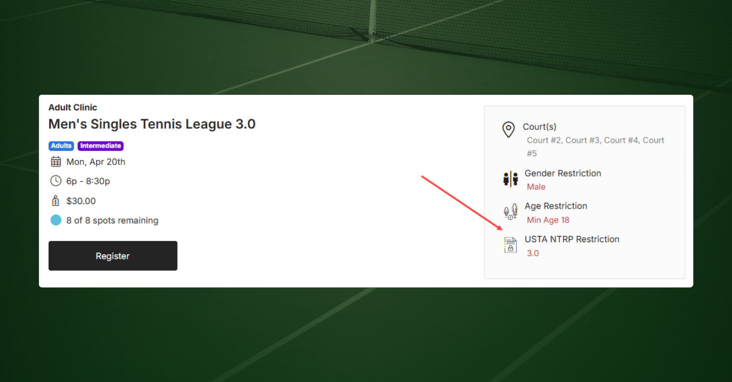 CourtReserve event registration page showing a USTA NTRP 3.0 rating restriction alongside event details.