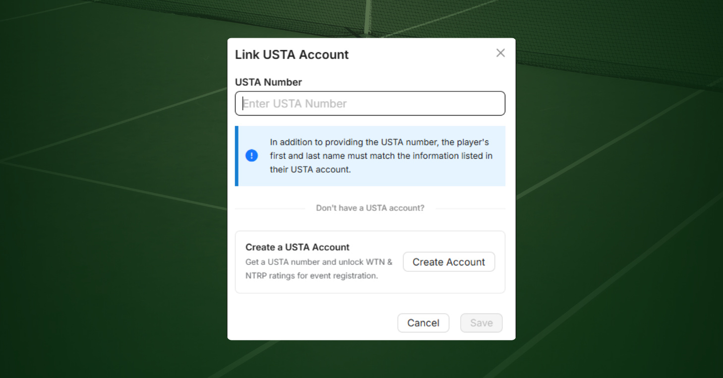 CourtReserve Link USTA Account window with a field for a USTA number and an option to create a new USTA account.