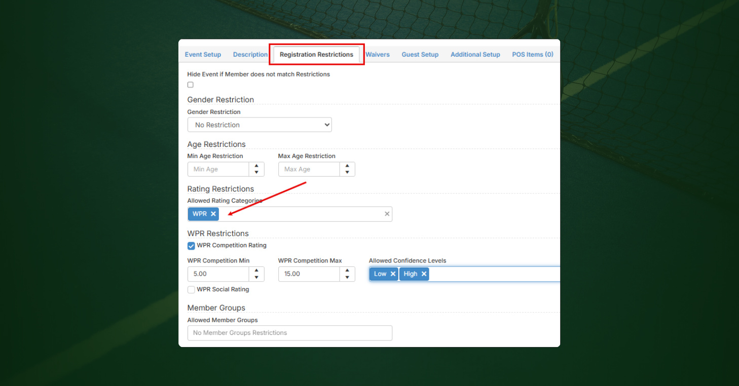 CourtReserve event Registration Restrictions tab with WPR selected as a rating category, showing Competition rating range and confidence level fields.