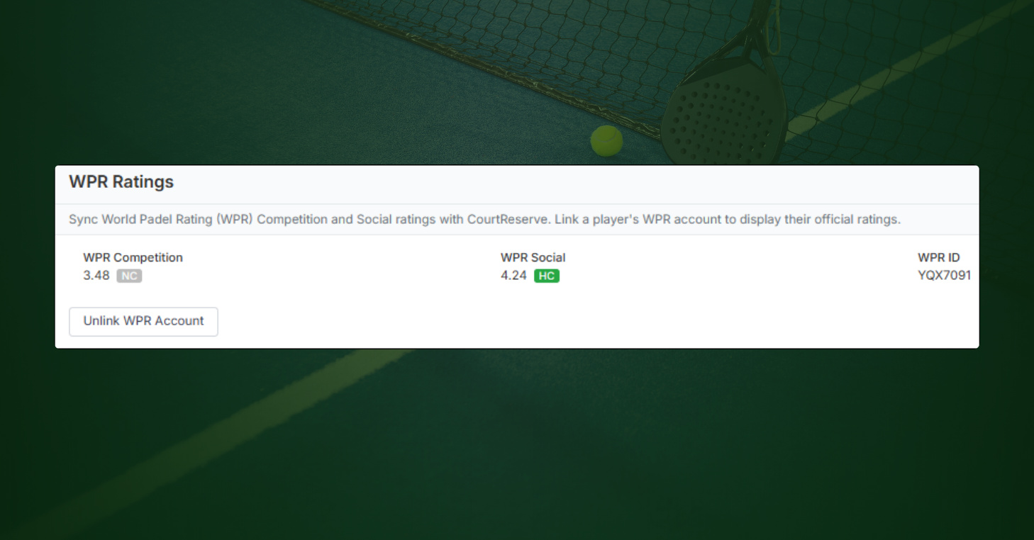 CourtReserve member profile WPR Ratings section showing Competition and Social ratings with confidence badges and a WPR ID.