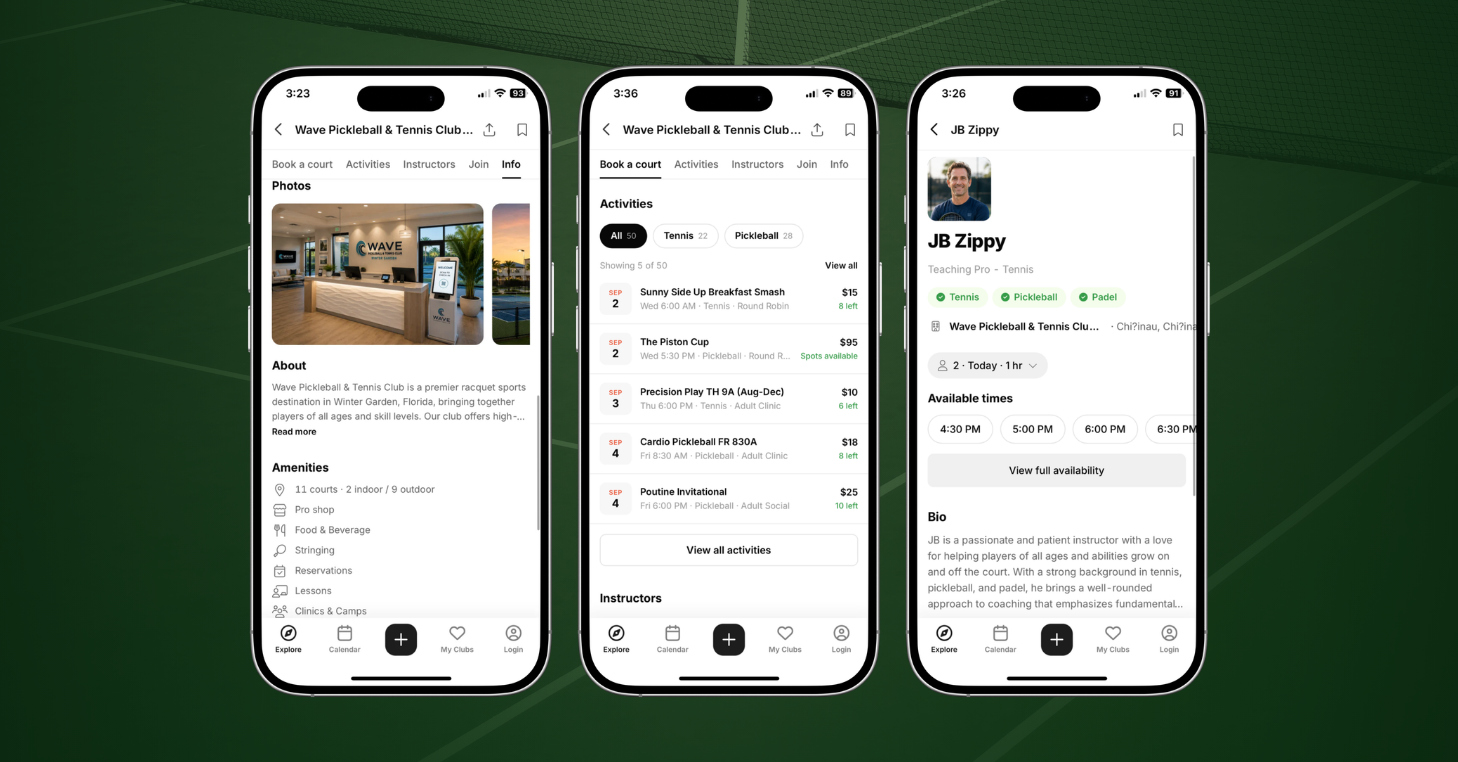 Three CourtReserve Network screens showing a club profile with photos and amenities, a list of activities, and an instructor profile with availability and bio information.