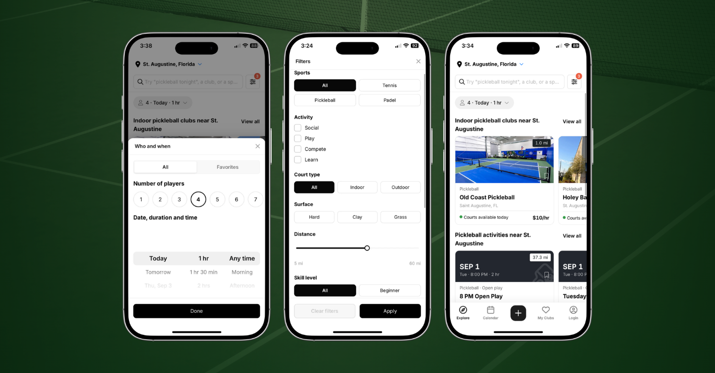 Three CourtReserve Explore screens showing player count and time filters, sport and court filters, and filtered pickleball clubs and activities near St. Augustine.