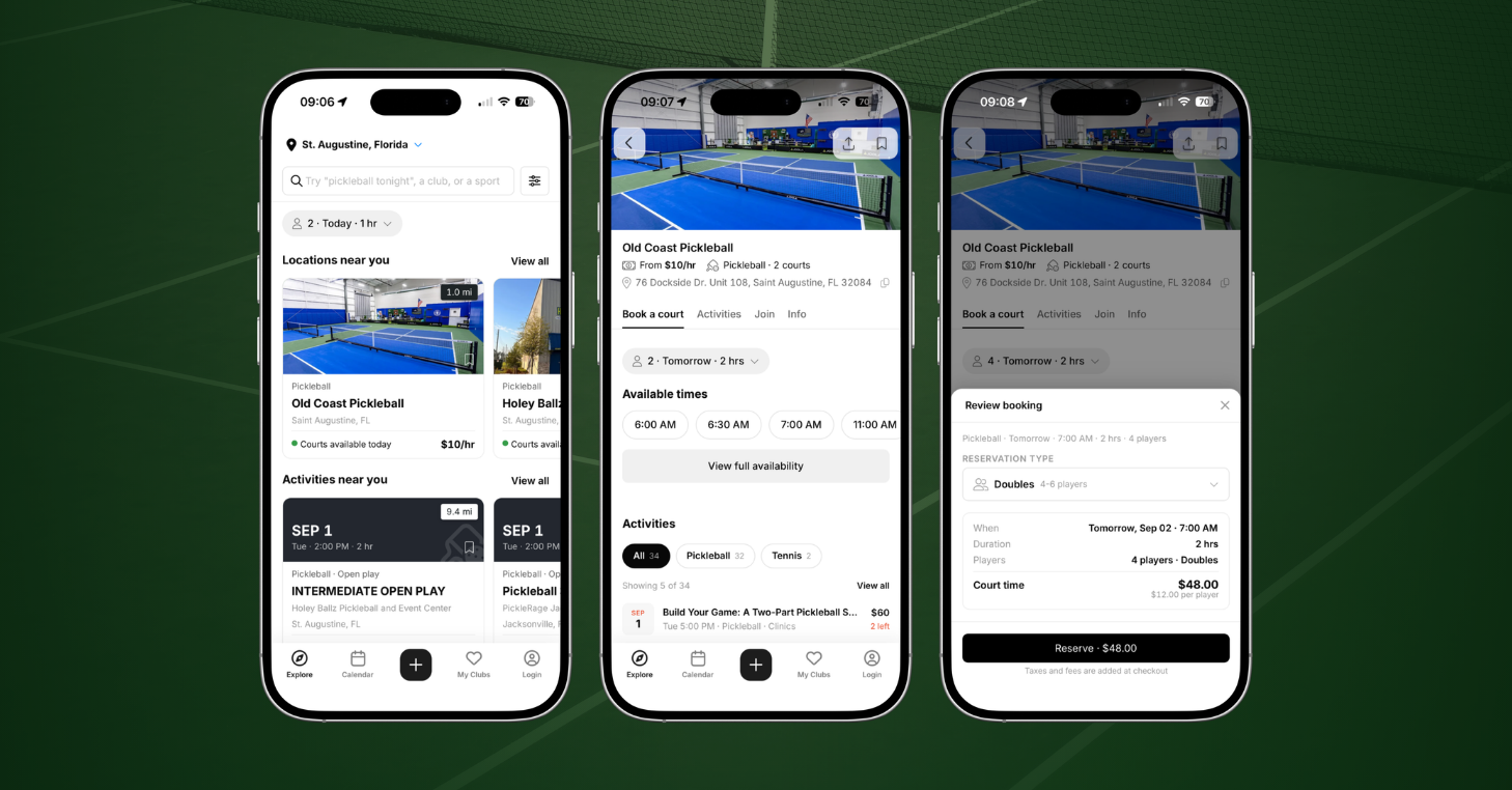 Three CourtReserve app screens showing Explore results in St. Augustine, an Old Coast Pickleball listing with availability, and a court booking review.