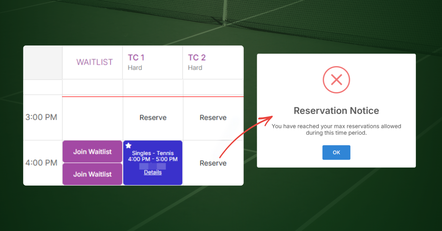 CourtReserve scheduler showing an overlapping tennis reservation attempt, followed by a reservation notice that the member has reached the maximum reservations allowed for that time period.