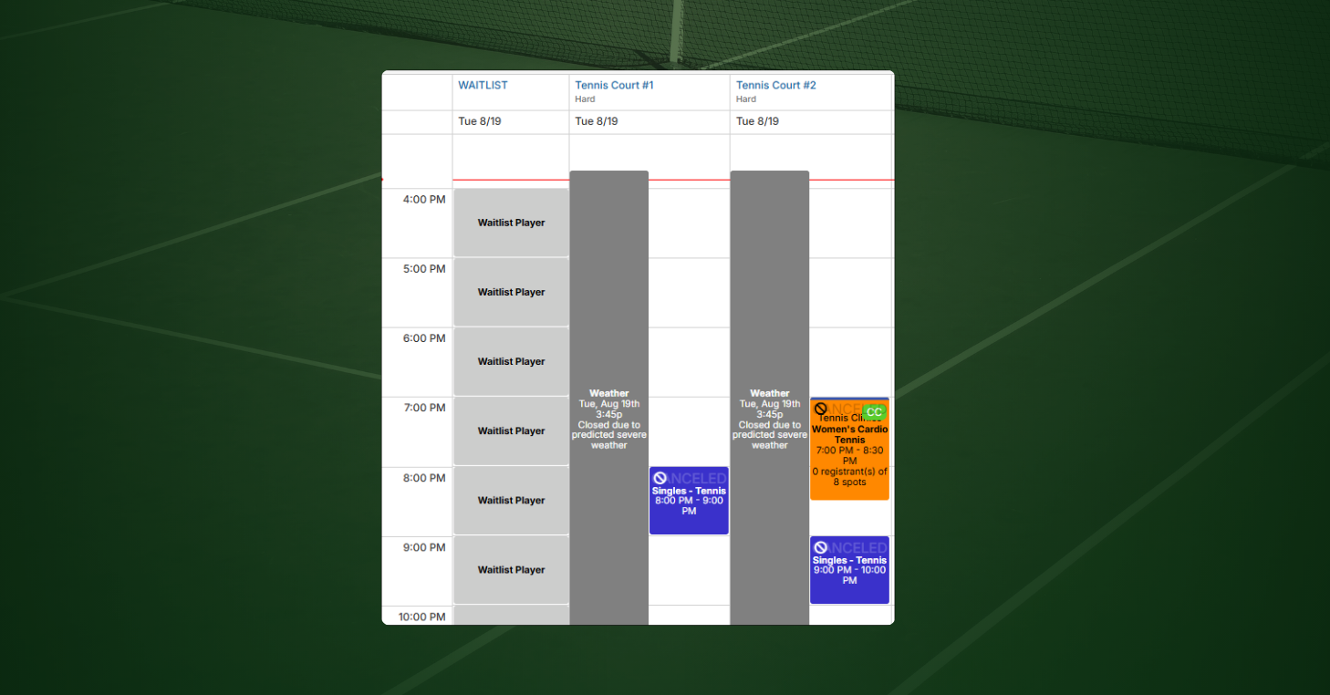 CourtReserve scheduler showing Tennis Courts #1 and #2 closed for severe weather, with the closure reflected across the court schedule.