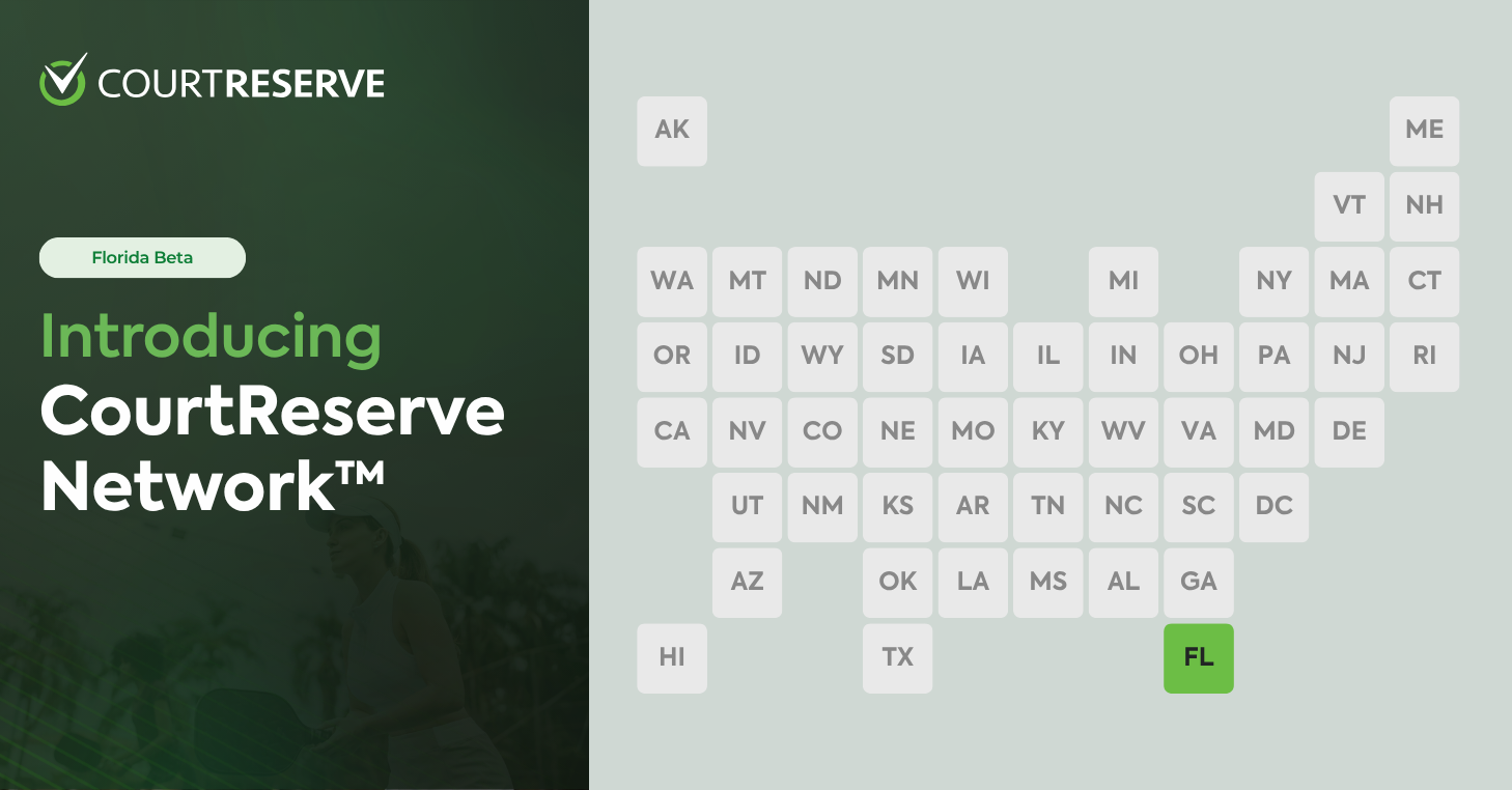 CourtReserve Network Florida beta graphic with a U.S. map and Florida highlighted in green.