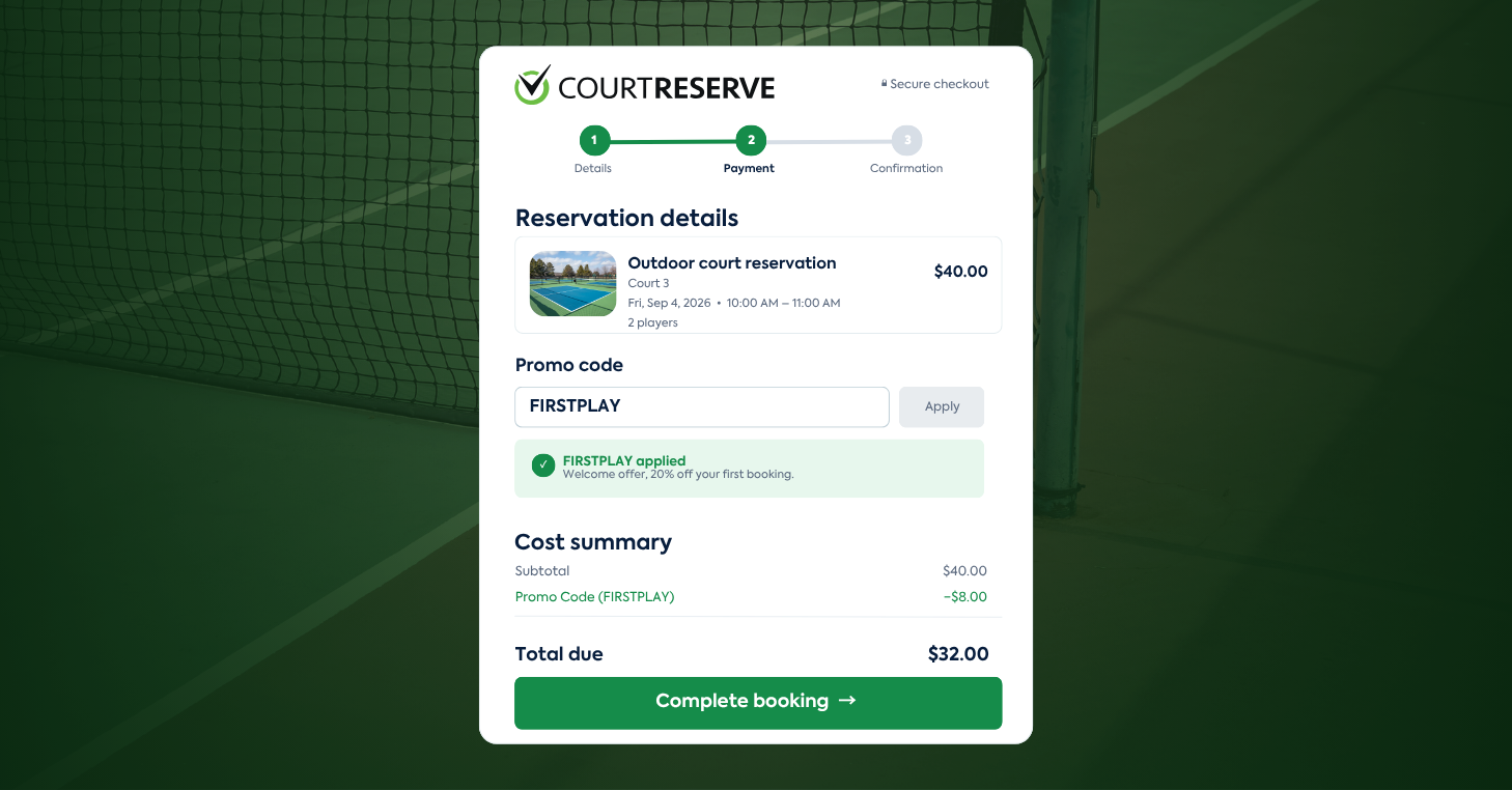 CourtReserve checkout showing the FIRSTPLAY Promo Code applied to an outdoor court reservation, reducing the total from $40 to $32.