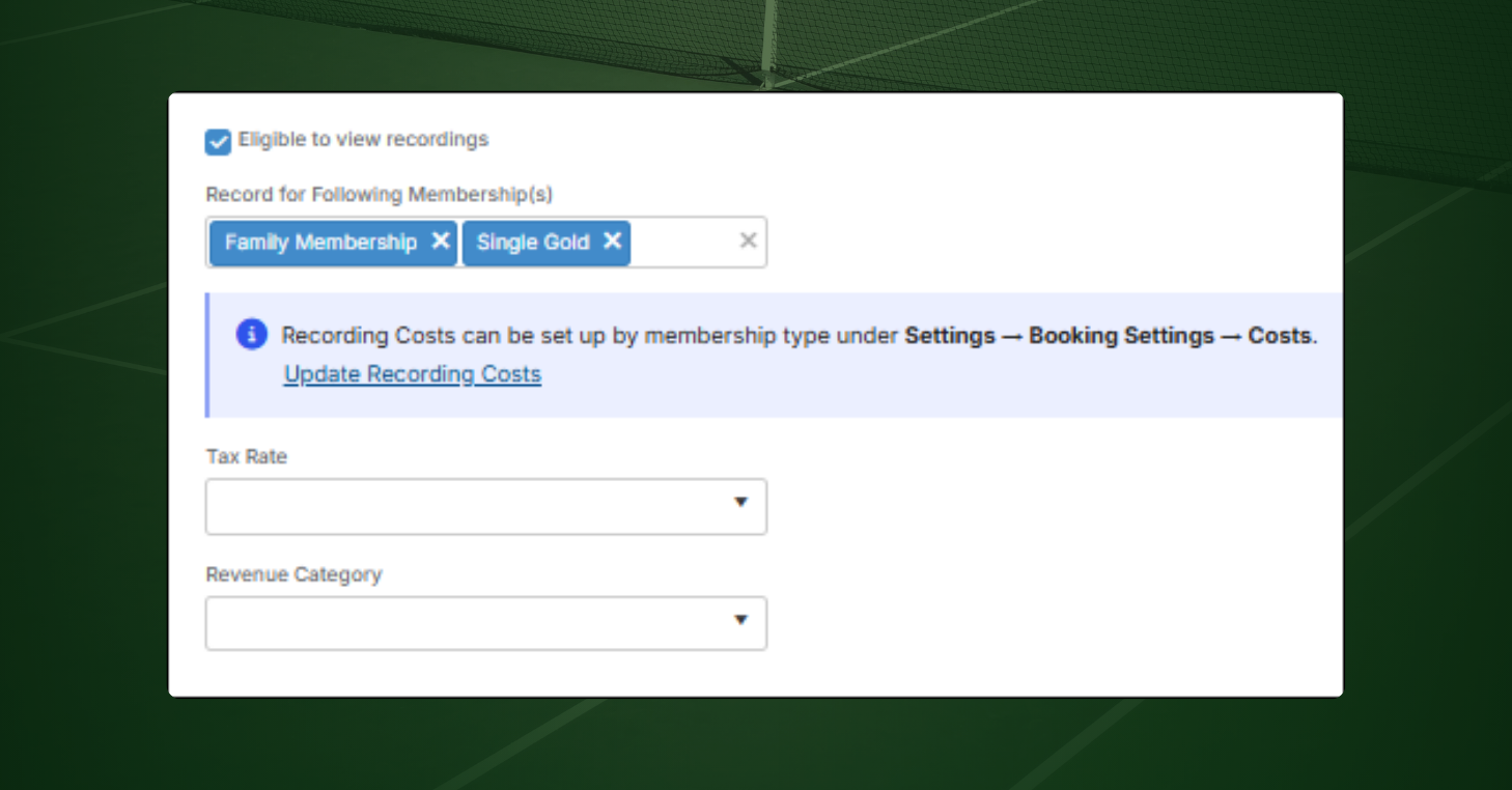 CourtReserve Video Recording Integration setup page showing recording eligibility settings and selected membership types.
