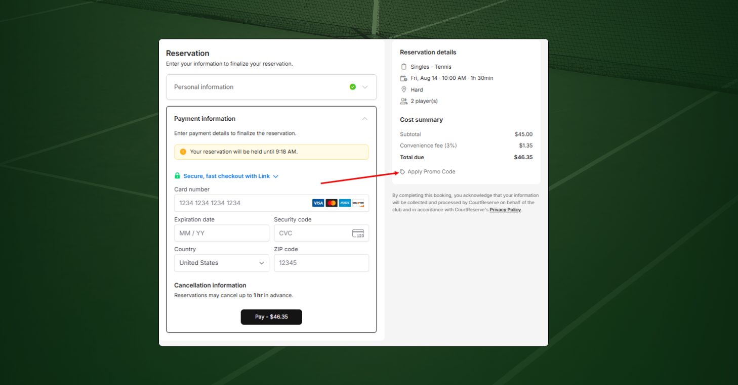CourtReserve reservation checkout showing the Apply Promo Code option in the cost summary beside payment details.