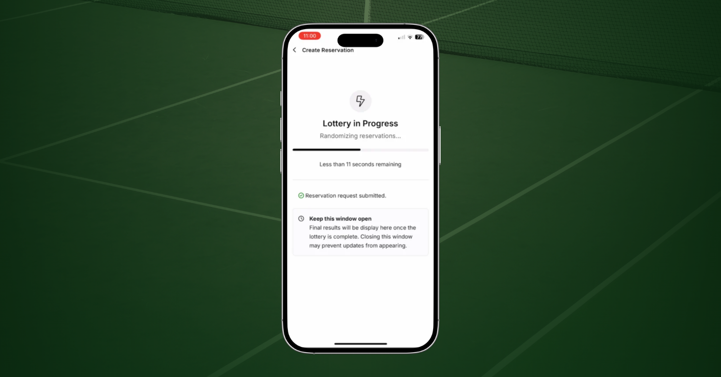 CourtReserve mobile app showing a Reservation Lottery in progress, with a countdown timer, a confirmation that the reservation request was submitted, and a reminder to keep the window open until results appear.