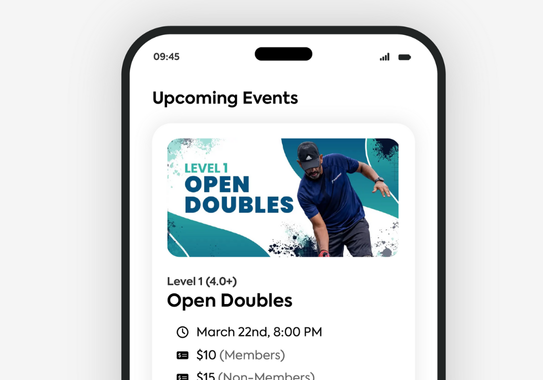 Events & Programming How it Works Upcoming events screen with open doubles details