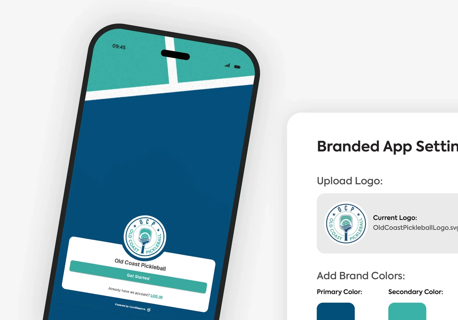 Smartphone showing old coast pickleball app login screen with settings panel on right