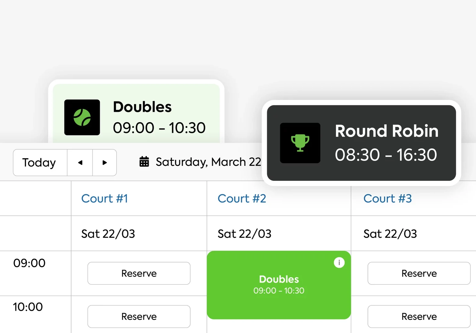 Calendar showing tennis events "Doubles" 09:00–10:30 and "Round Robin" 08:30–16:30