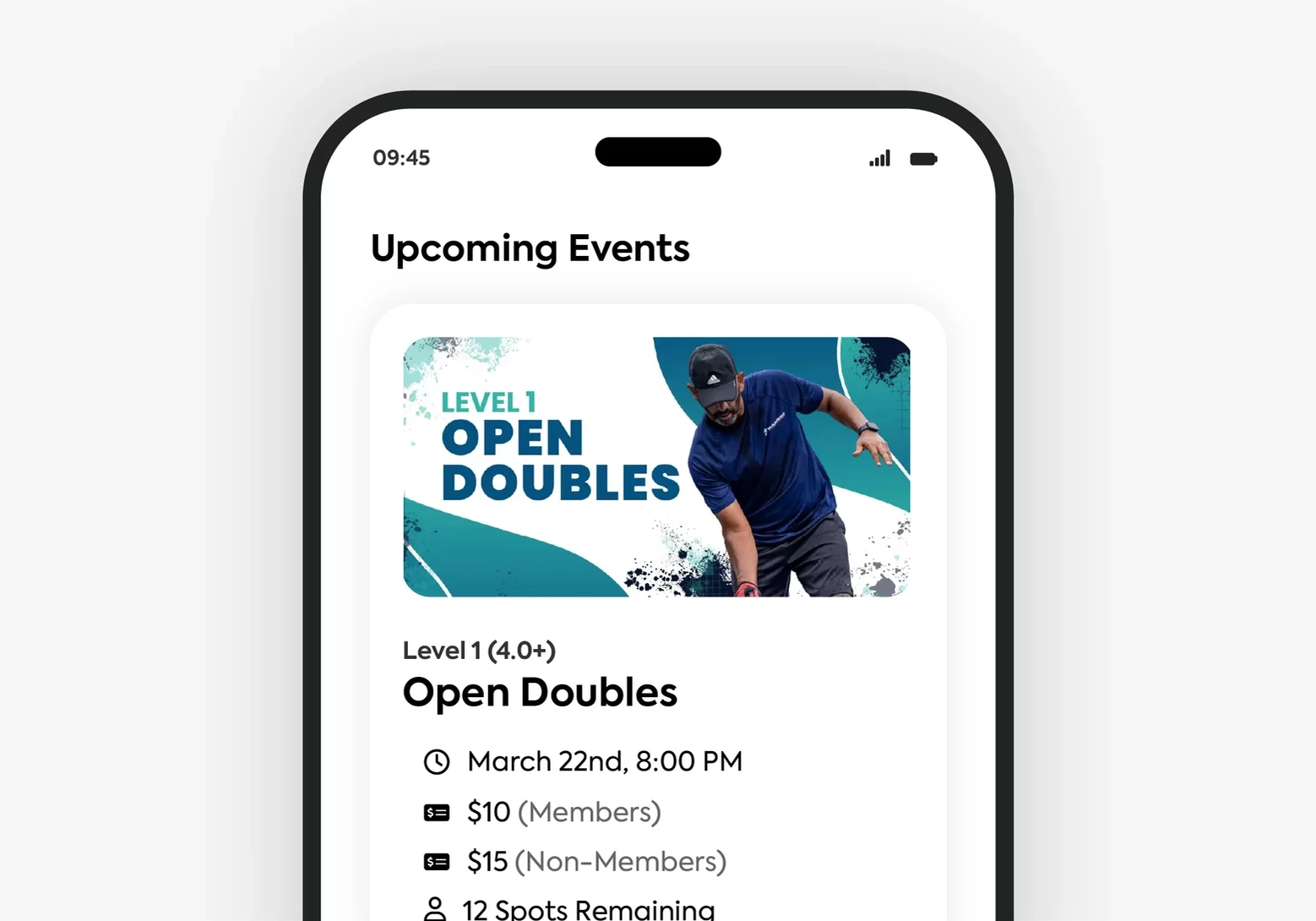 Level 1 open doubles event march 22 8:00 pm $10 members $15 non-members 12 spots remaining