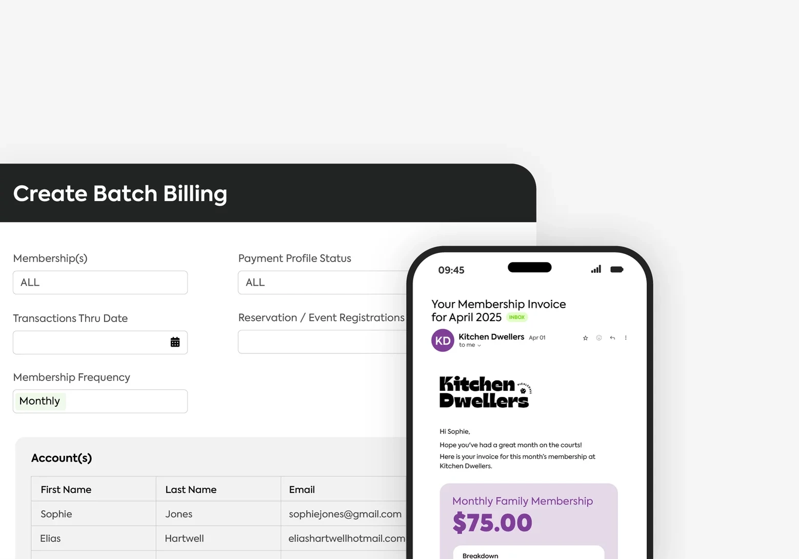 Batch billing interface and phone displaying a $75 membership invoice for april 2025