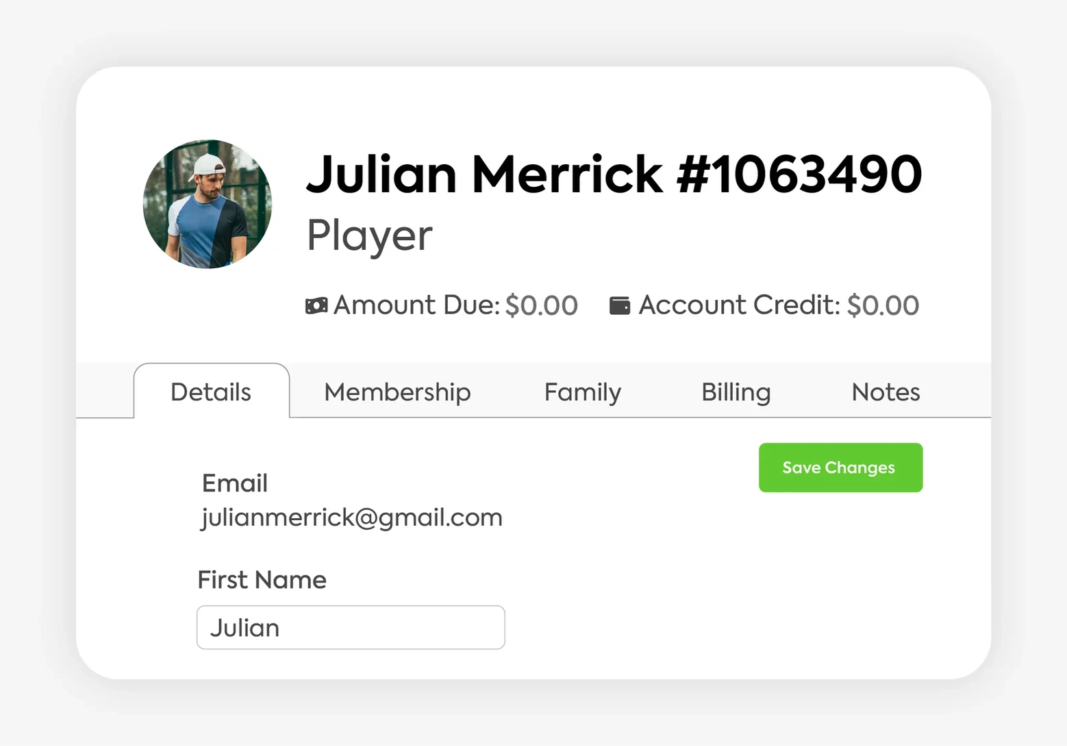 Profile details for julian merrick player amount due 0 account credit 0 email julianmerrick@gmail.com