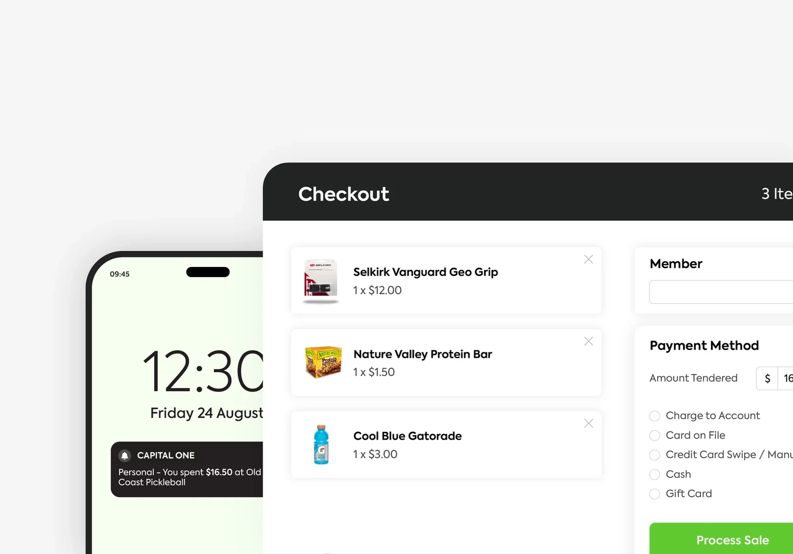 Checkout page showing 3 items: geo grip $12, protein bar $1.50, gatorade $3