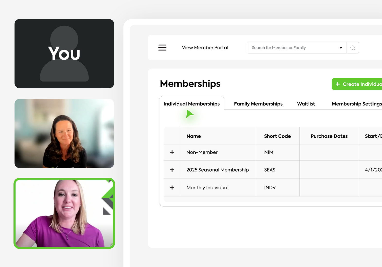 Getting Started Graphics_CourtReserve_Free Trial & Call Video call with two participants and membership portal dashboard displaying membership options