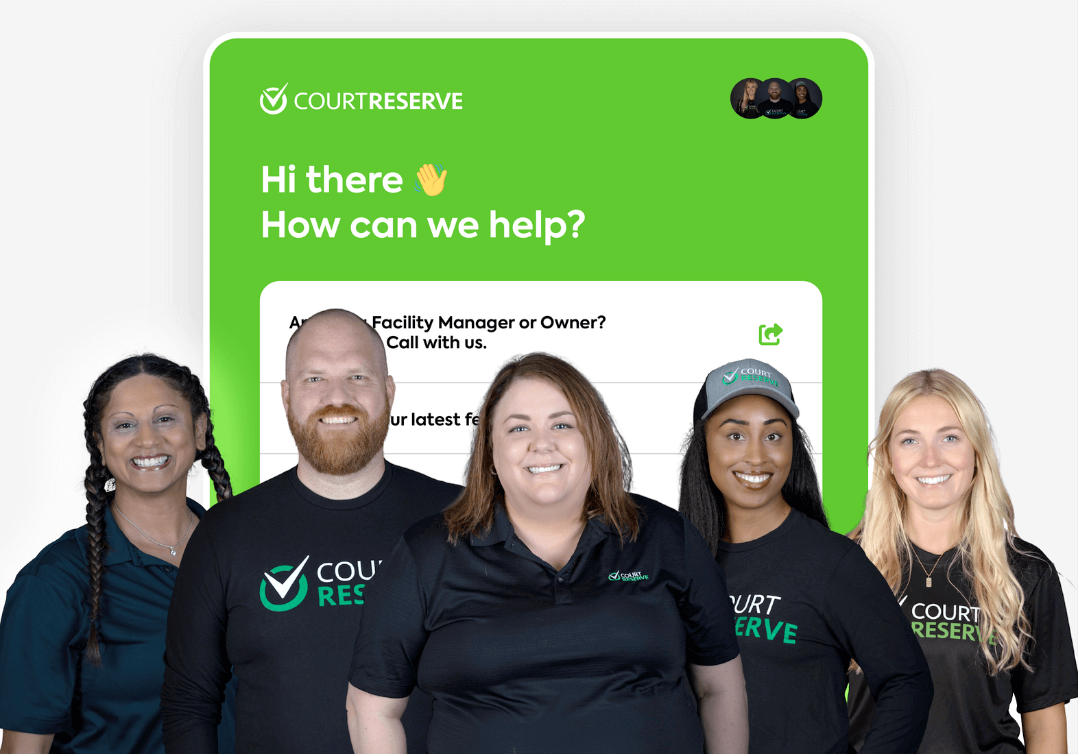 Getting-Started-Graphics_CourtReserve_Guided-Setup-landscape Courtreserve team smiling with text "hi there 👋 how can we help?" on a green background