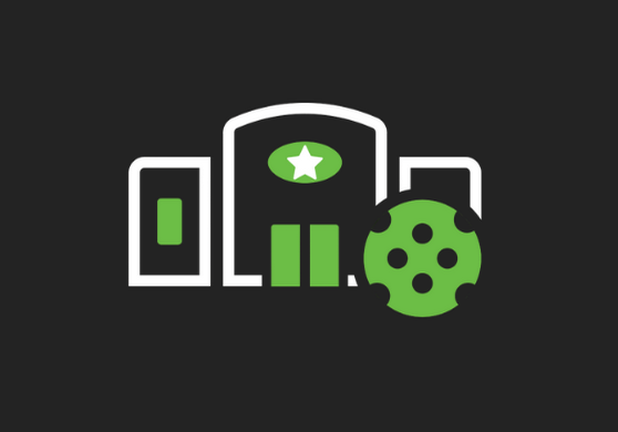 Owner Icon White outlined building with star and green film reel on black background