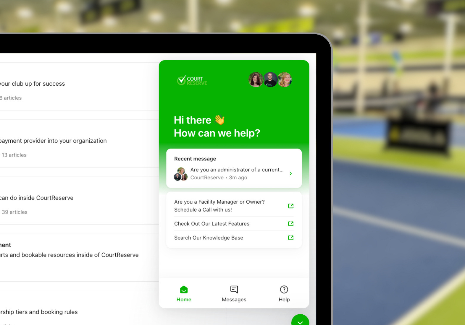 Resources-Graphics_CourtReserve_Support-landscape Chat support interface with welcome message and recent messages displayed