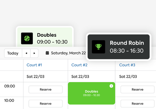how-it-works-court-reservations Tennis schedule showing doubles at 09:00 and round robin at 08:30